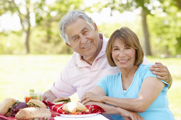 Senior Hispanic Couple Enjoying Picnic In Park