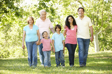 Multi Generation Hispanic Family Walking In Park