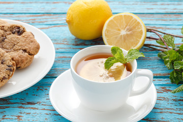 lemon tea mint fresh drink raisin cookies summer refreshment still life