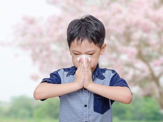 Little Asian boy has allergies from flower pollen