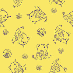 Seamless vector pattern doodle birds on a yellow background