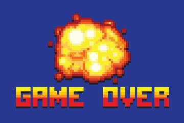 explosion game over message pixel art style retro illustration