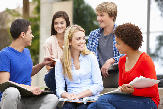 Multi racial student group sitting outdoors