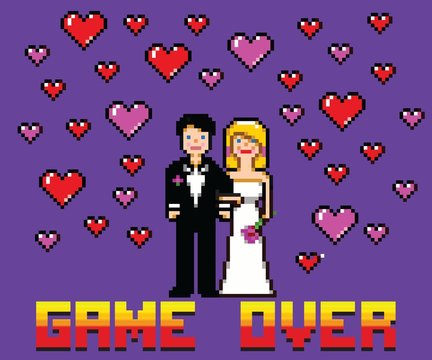 wedding funny card with game over message pixel art style