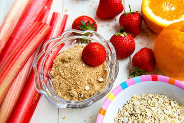 Rhubarb, Strawberries, Brown Soft Sugar, Porridge Oats, Orange