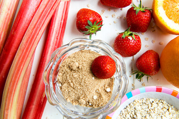 Rhubarb, Strawberries, Brown Soft Sugar, Porridge Oats, Orange
