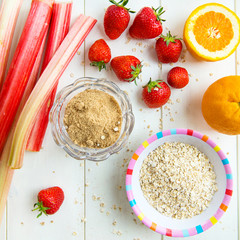Rhubarb, Strawberries, Brown Soft Sugar, Porridge Oats, Orange