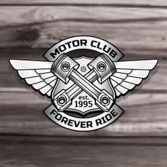 Vector biker logo illustration. Motor club piston vintage steel