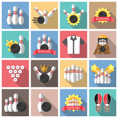 Bowling flat icons with shadow.