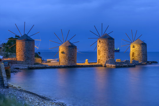 Ancient windmills of chios at night