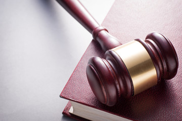 Wooden Gavel Resting on Red Leather Book