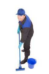 Man with bucket and blue mop.