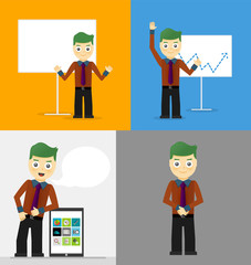 Poses of young businessmen, presentation white board, leaning on