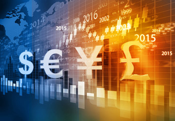 Stock market chart graph with global currencies .