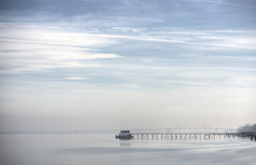 Boat house on the Chesapeake Bay during a misty day