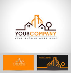 Real Estate Logo with buildings, houses and tree silhouette