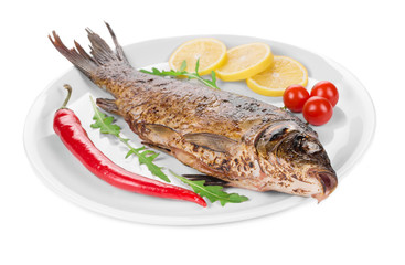 Close up of grilled carp steak. 