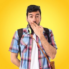 Tourist doing surprise gesture