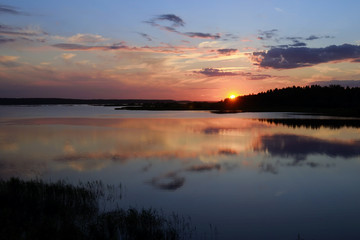 River in sunset backlight. Russian nature