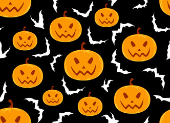 Halloween vector seamless pattern with pumpkins and bats