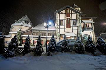 Hotel exterior on a winter night