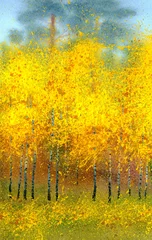 Washable wall murals Birch grove Watercolor landscape. Autumn birches in the forest