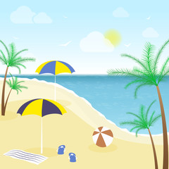 Fototapeta na wymiar Summer background, beach, sea, clouds and palm trees