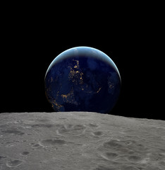 Plakat Earth and Moon on a black starless background.