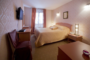 Pink hotel room interior