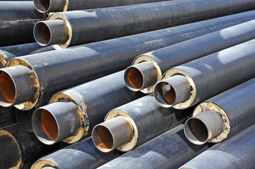 Steel pipe with heat insulation on construction site