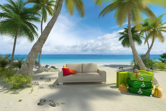 Sofa on the beach with luggage
