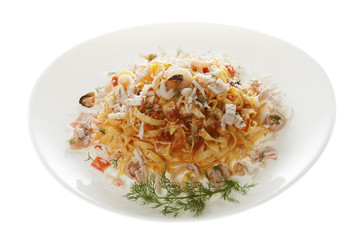 Pasta with seafood - Tagliatelle - Isolated on white.