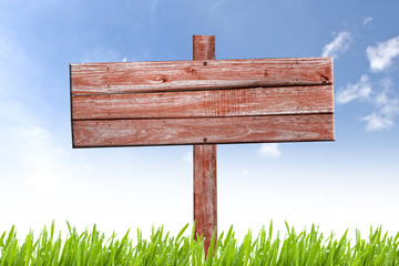 Old weathered wooden sign on nature background