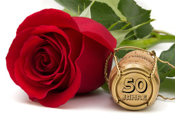 rote Rose mit Champagnerkorken 50 Jahre Jubiläum