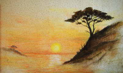 Fototapeta na wymiar painting wall.Painting sunset, sea and tree, wallpaper landscape