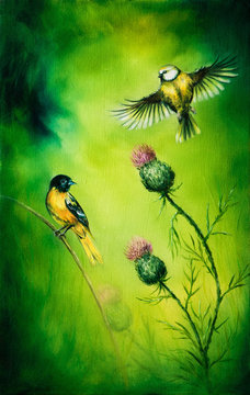 pair of songbirds flattering above a distel flower, on an emeral