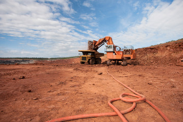 Truck is being loaded with ore at a mine site