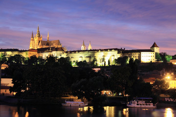 Fototapeta premium Night Prague gothic Castle above River Vltava, Czech Republic
