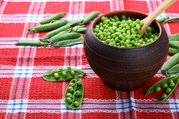 fresh green peas in a pot on a tablecloth