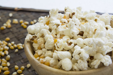 corn popcorn raw cooked bowl mix seed tray concept
