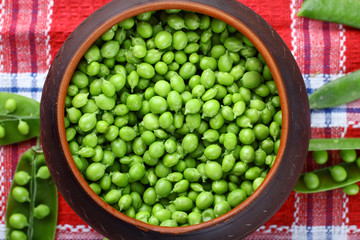 fresh green peas in a pot on a tablecloth