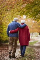 Fototapeta premium Rear View Of Senior Couple Walking Along Autumn Path