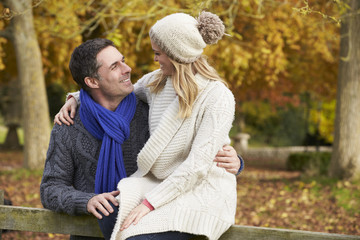 Fototapeta premium Romantic Couple Sitting On Fence In Autumn Woodland