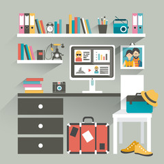 Office workplace with computer and book shelves. Hipster office. Flat design vector illustration. 