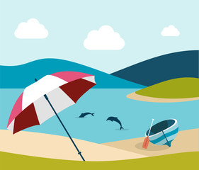 Summer beach with red umbrella. Flat design. 