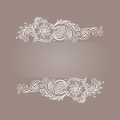 Floral ornament Mehndi Henna Tattoo white. Vintage banner frame
