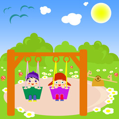 Obraz na płótnie Canvas Illustration of happy children swinging on the play ground.