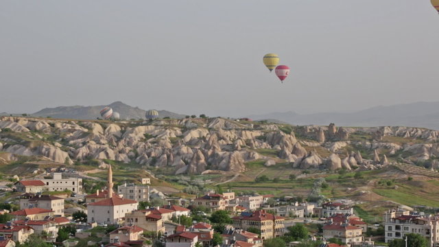 Multi-colored balloons over the settlement of Goreme, Cappadocia