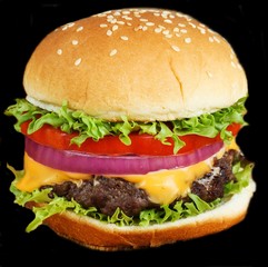 Cheese burger isolated on black, square composition