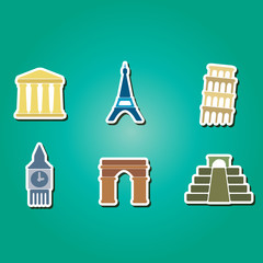 set of color icons with  architectural monuments of world